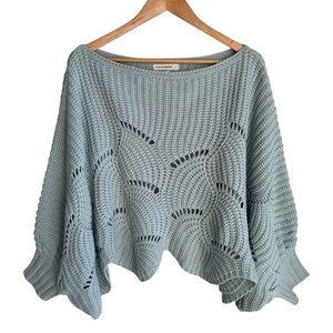 Moon & Madison Open Knit Poncho Top L Baby Blue Chunky Boho Cropped Sweater